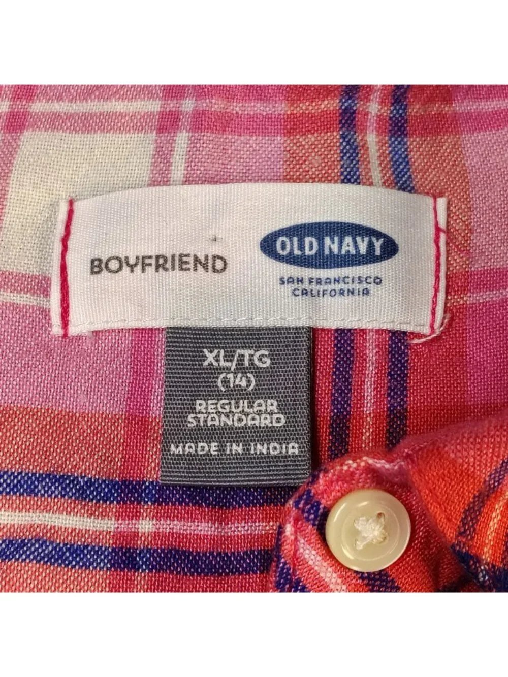 Old Navy Boyfriend Plaid Flannel Shirt Pink White Long Sleeve Girls Size XL (14)